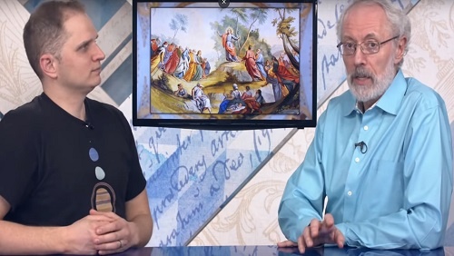 Curtis and Jonathan sit at the anchor desk, an painting of "The Sermon on the Mount" on a screen between them.