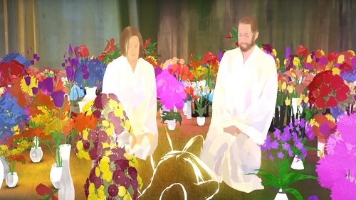 Two angels dressed in glowing white robes sit on either side of a prone human figure. They are surrounded by vibrant flower arrangements.