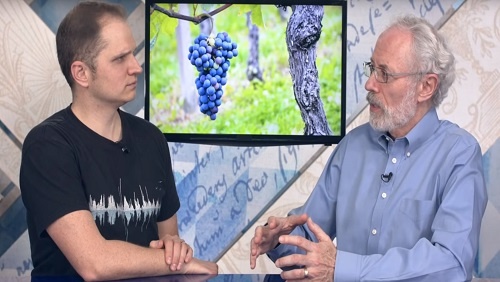 Curtis and Jonathan sit at the anchor desk, an image of blue-purple grapes on the vine behind them.