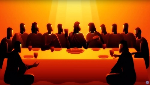 An illustration in black, orange and red of the last supper, the twelve disciples gathered at a table with Jesus.
