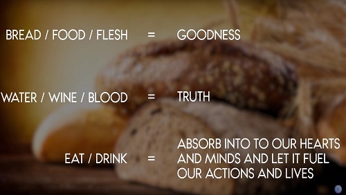 Illustration of the correspondences. Text reads: "bread / food / flesh = goodness. Water / wine / blood = truth. Eat / drink = absorb into our hearts and minds and let it fuel our actions and lives."
