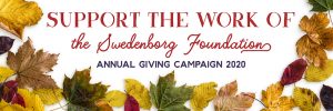 "Support the work of the Swedenborg Foundation: Annual Giving Campaign 2020" on a white background with a border of autumn leaves.