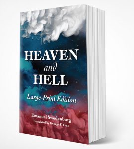 Cover of the large-print edition of "Heaven and Hell" by Emanuel Swedenborg. The cover has white clouds in the top third, dark blue clouds in the middle, and red clouds in the bottom third.